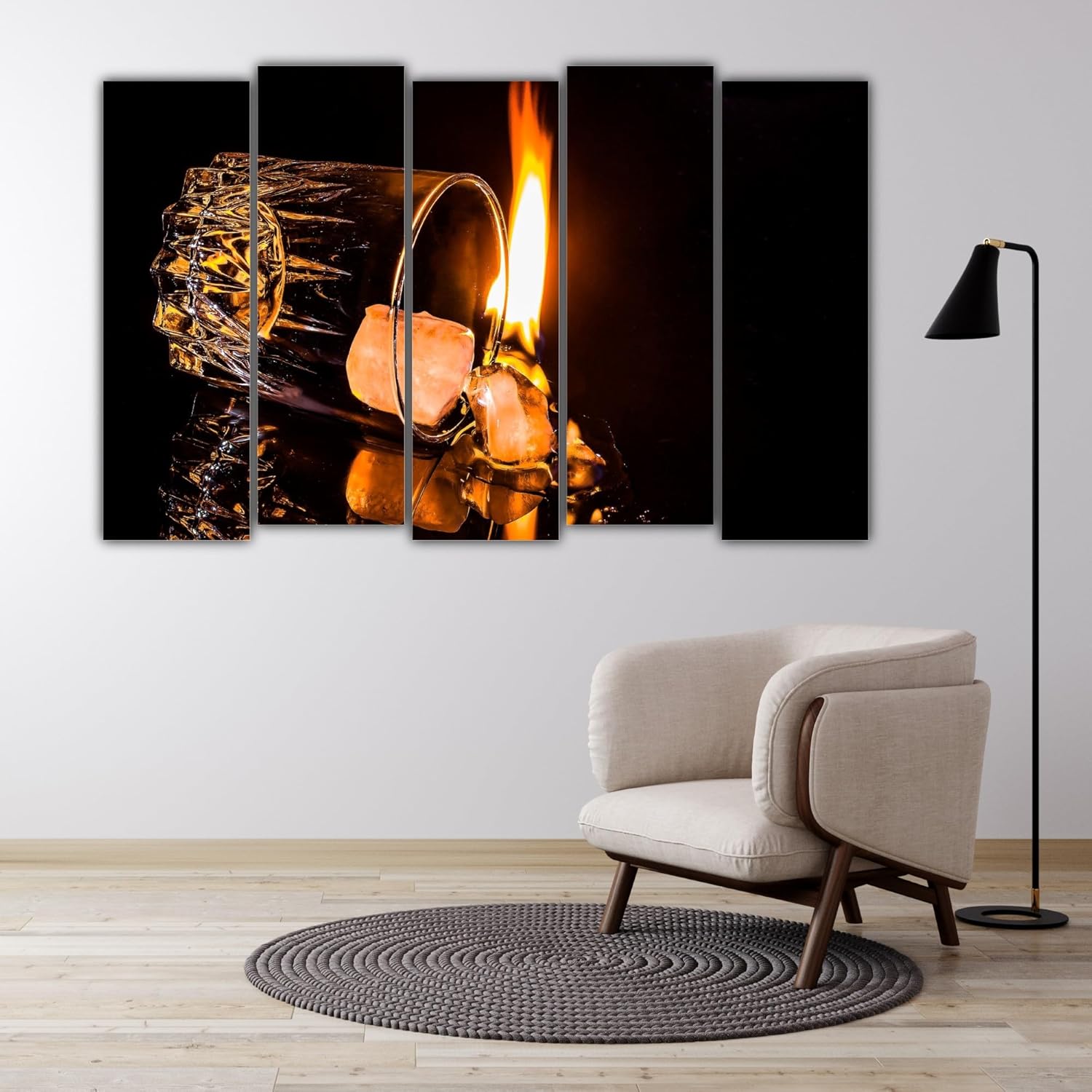 Close-up of the 5-panel Flame Game framed fire photography Wall Art showcasing vivid fire hues