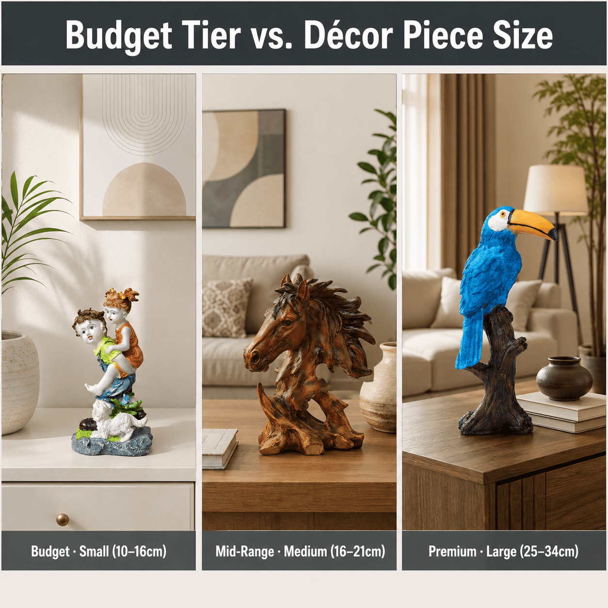 side by side comparison of three living rooms at different redesign budget tiers