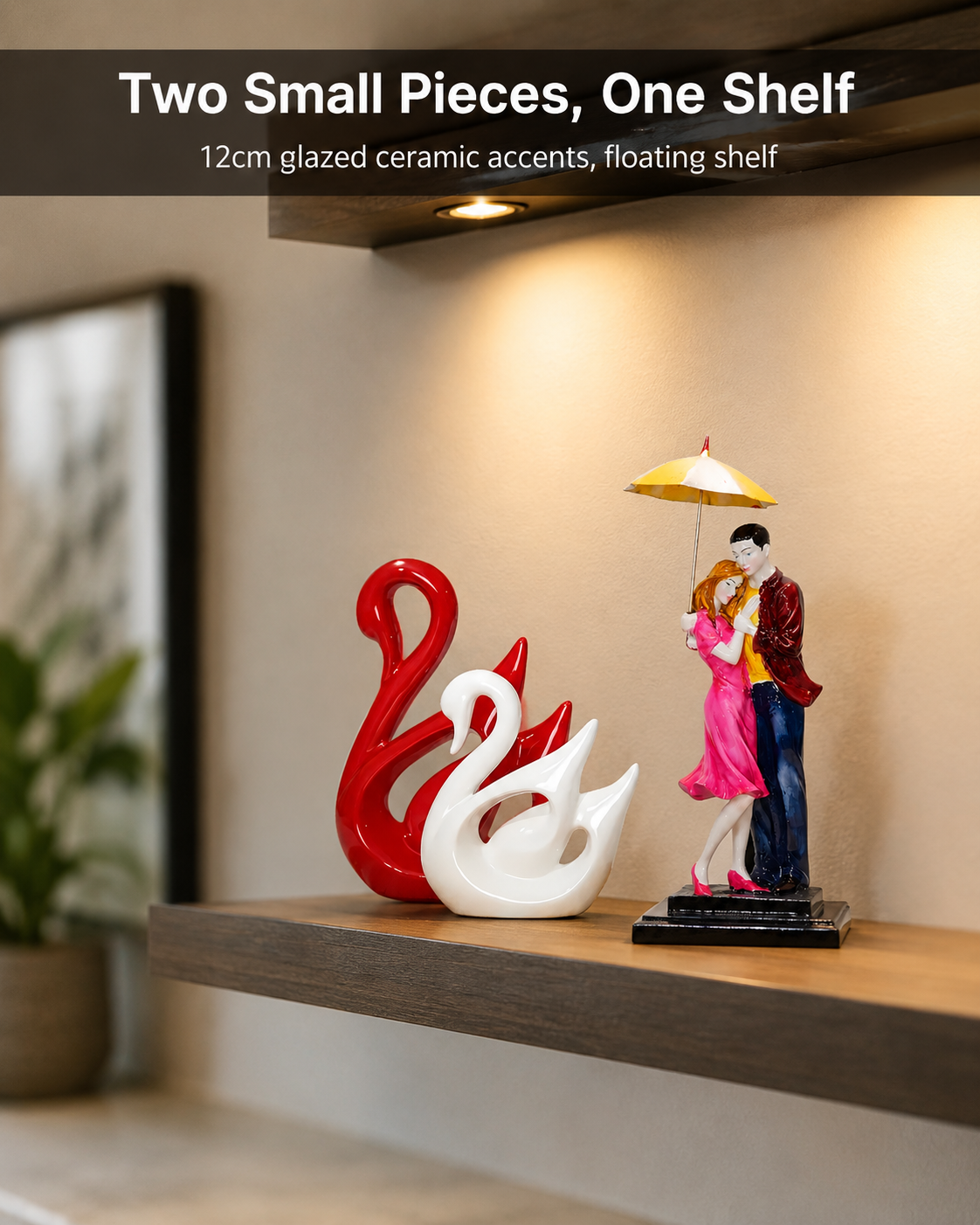 close-up of a small ceramic decorative piece on a floating shelf