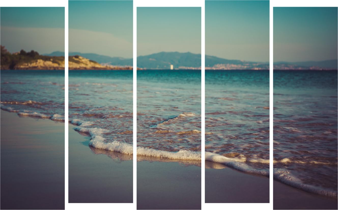 Five-panel Beach-tastic Framed Wall Art showcasing a vibrant beach scene on a living room wall.
