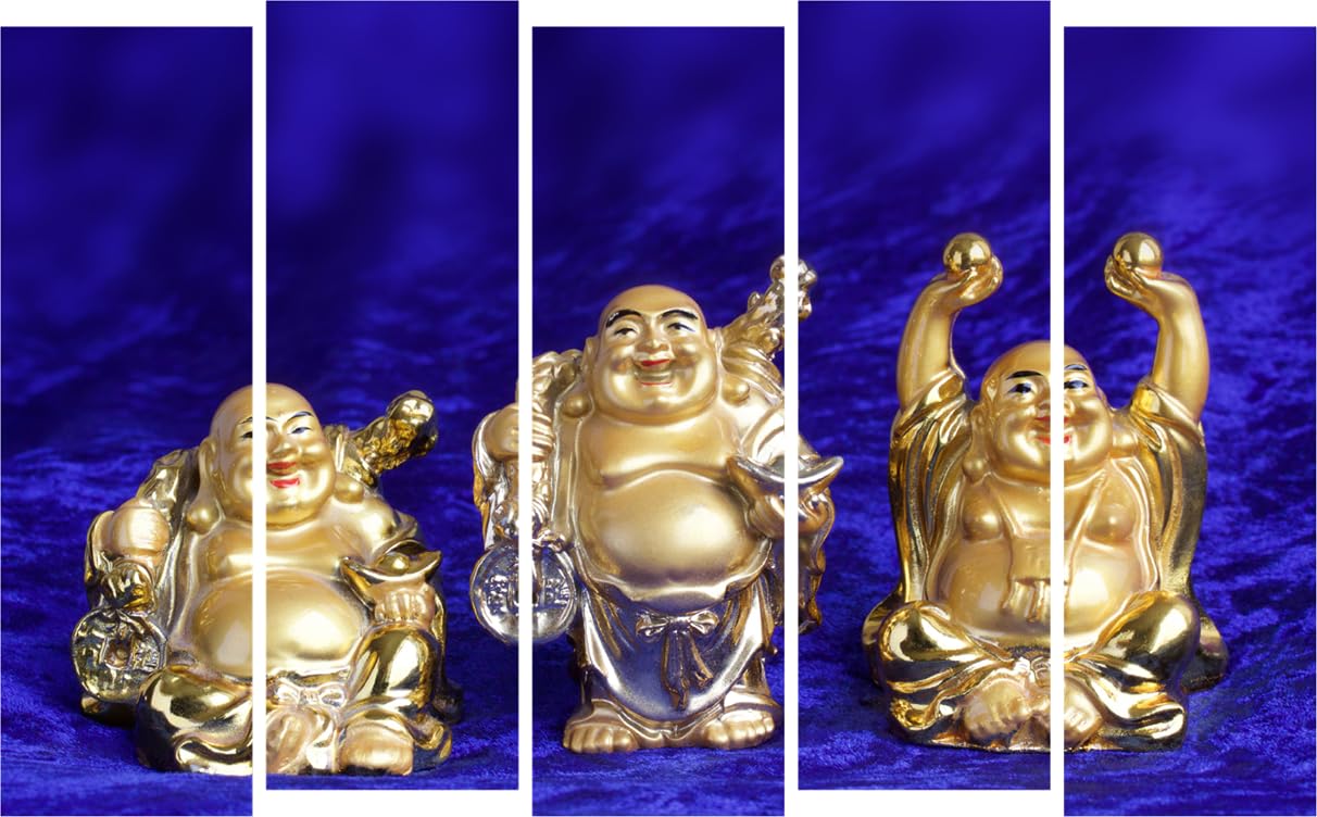 Buddha-larity: 5-panel framed Laughing Buddha Wall Art hanging above a modern sofa