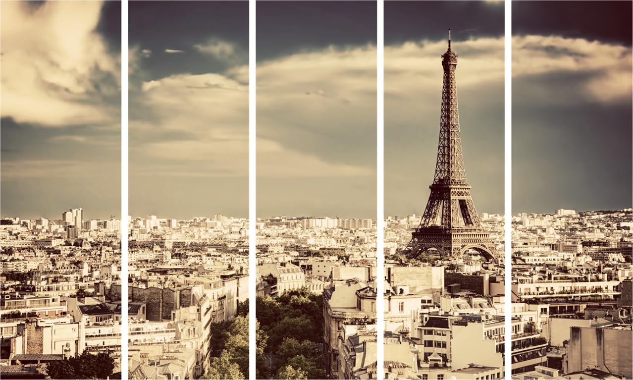Paris-tastic Eiffel Tower Framed Wall Art in vibrant multicolour abstract panels displayed on a neutral wall.