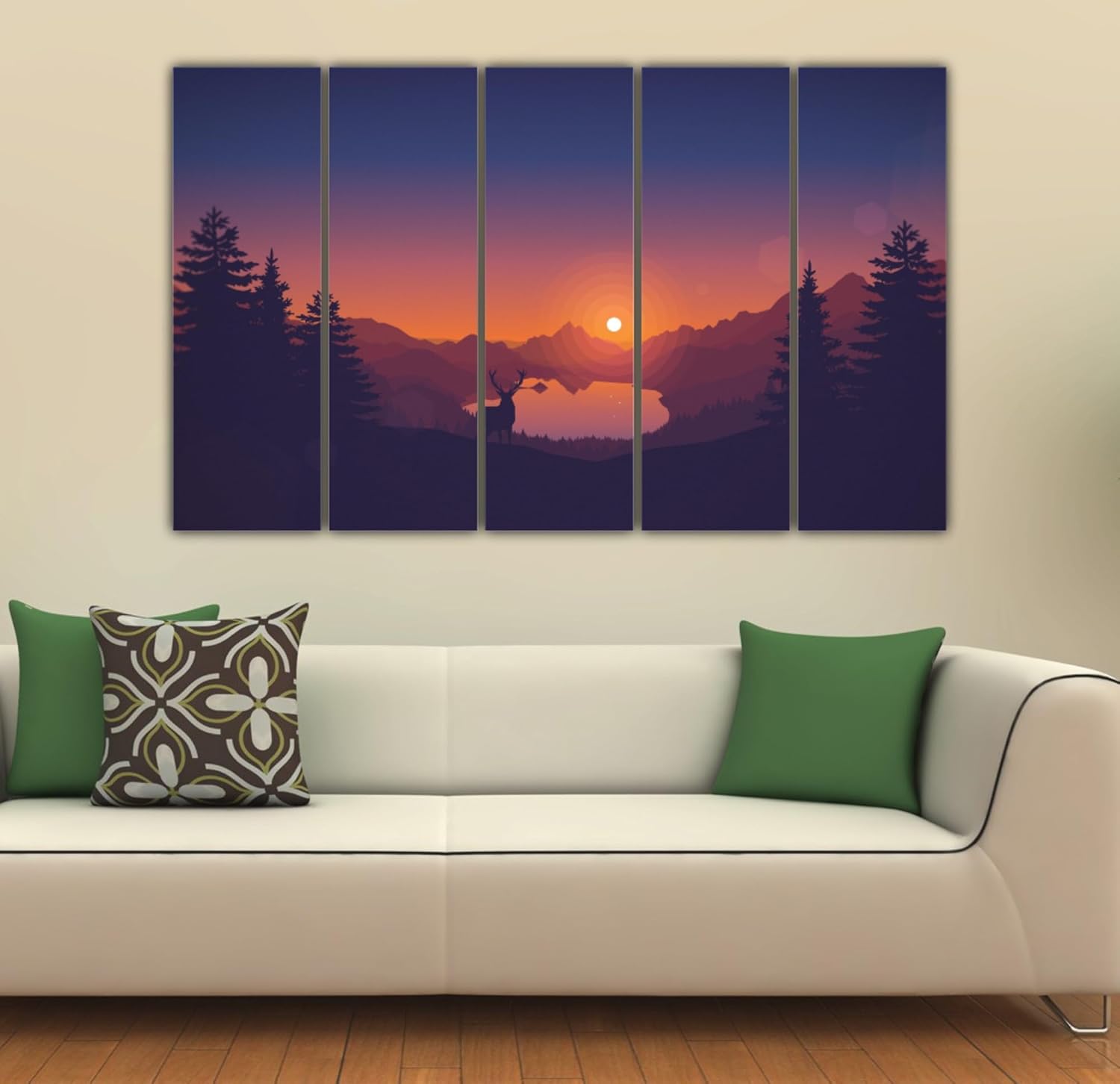 Close-up of the 5-panel framed Wall Art capturing vivid multicolour sunset strokes