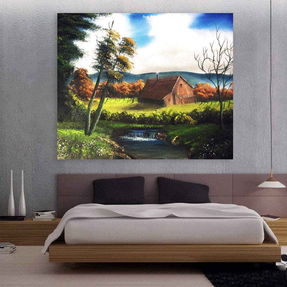 Bring the Zen Den Home: 'Serenity' Unframed Canvas Wall Art for Dreamy Landscape Vibes (91x76cm) hanging above a cozy couch in a sunlit living room.