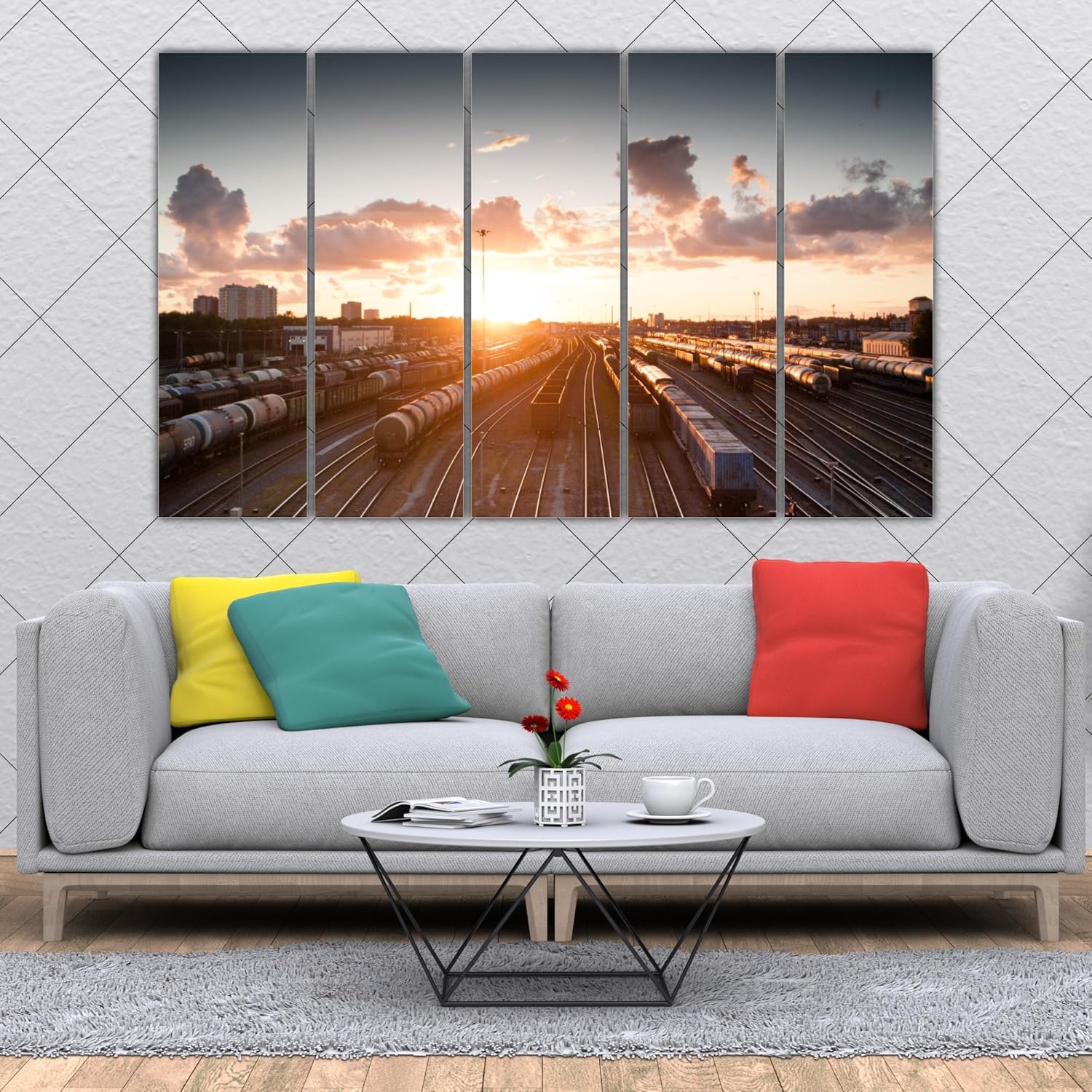 Close-up of Track-tastic Multi-Frame Railway Track Wall Art That Steals the Show showing vibrant colors.