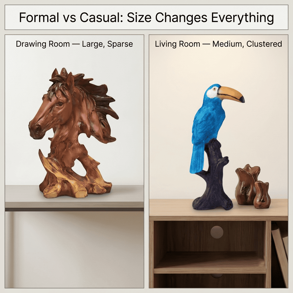 side by side comparison of formal and casual home decor styling