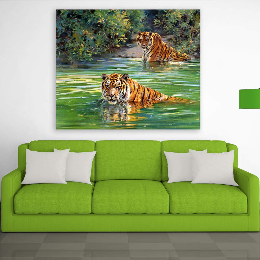 Fierce Stripes & Friendly Vibes: Tiger-tastic Unframed Animals Wall Art Canvas (91x76cm) showcasing majestic Royal Bengal tigers roaring in sunset hues.