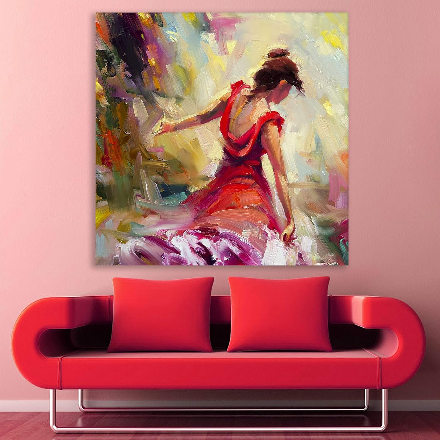Dress to Impress: Red Dress Canvas Man-made Unframed Wall Art displayed on a chic living room wall