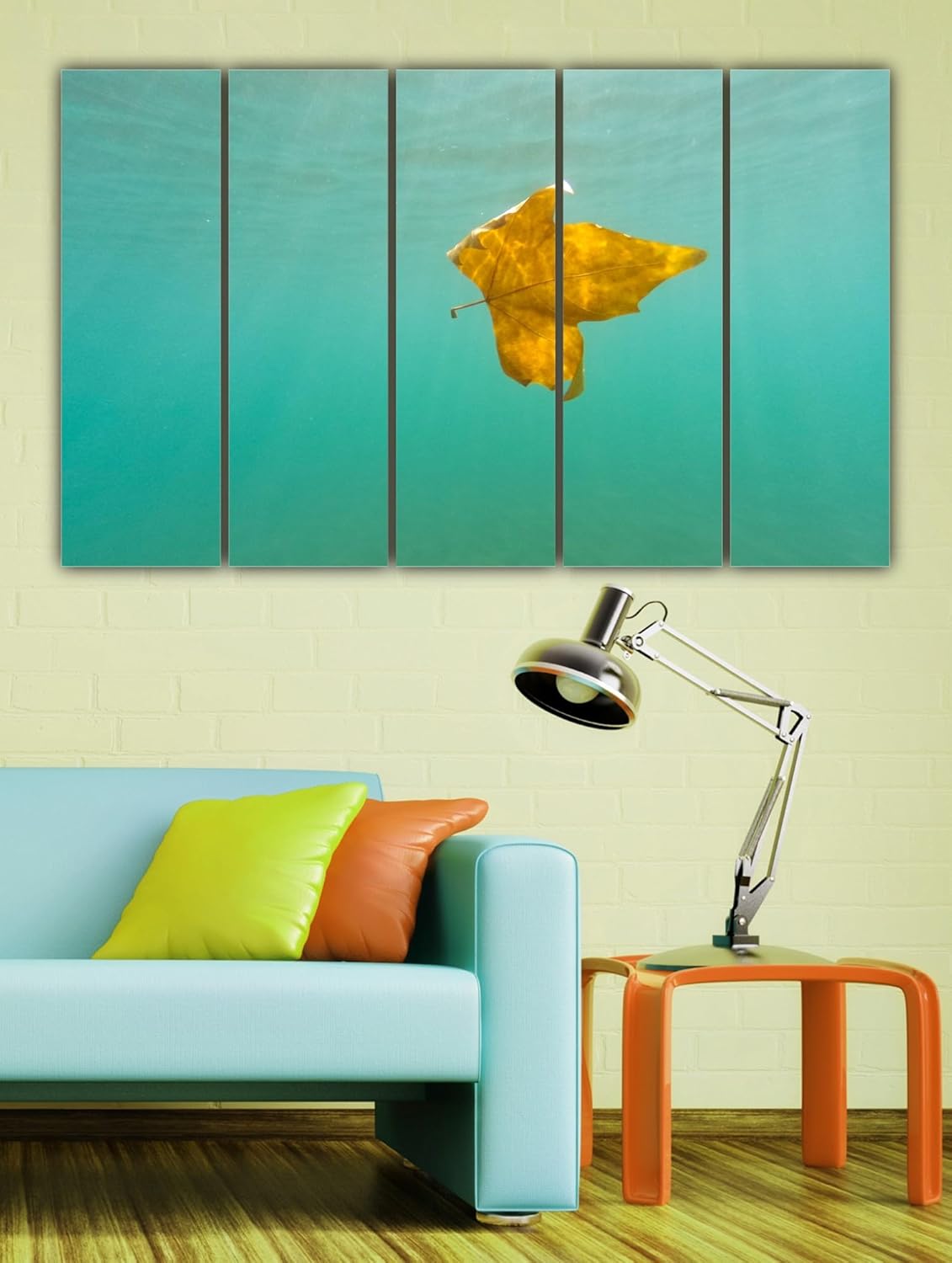 Five-panel leaf in water photography framed wall art showing serene green leaves floating on blue water
