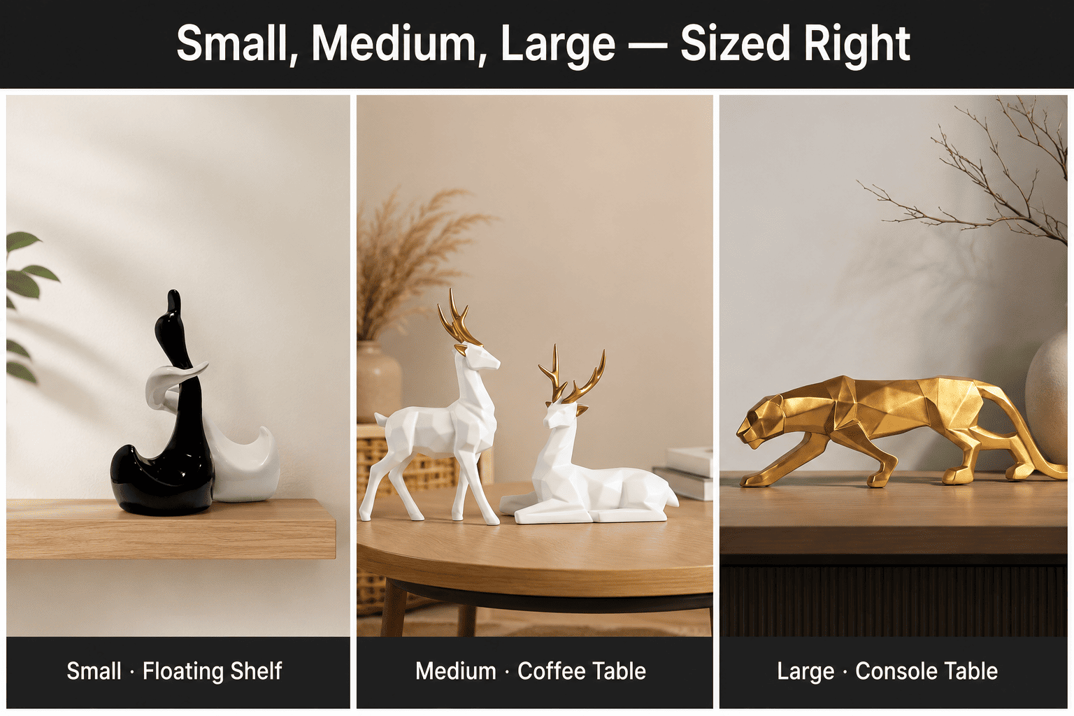 grid comparing small, medium, and large decorative accents on their matching surfaces
