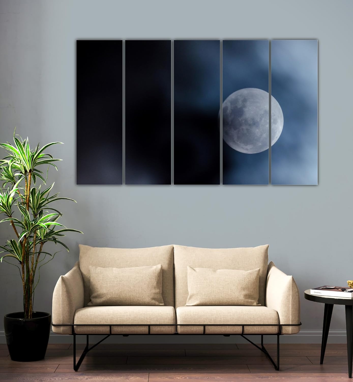 Close-up of Moon-struck Multi-Frame Framed Wall Art That'll Eclipse Boring Walls showing detailed moon print and matte frames