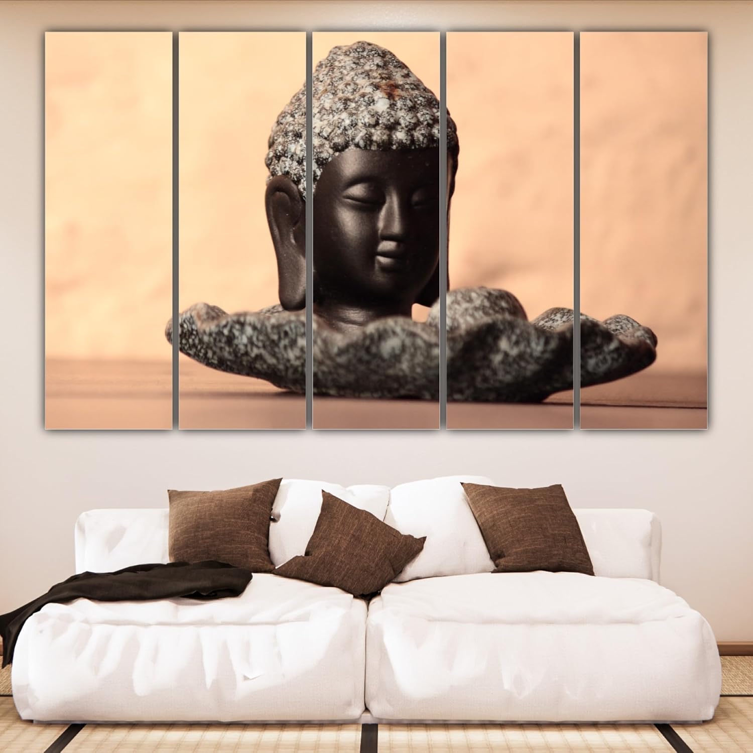 Close-up of serene Buddha face on one panel of the Buddha-tastic 5-Panel Framed Wall Art.