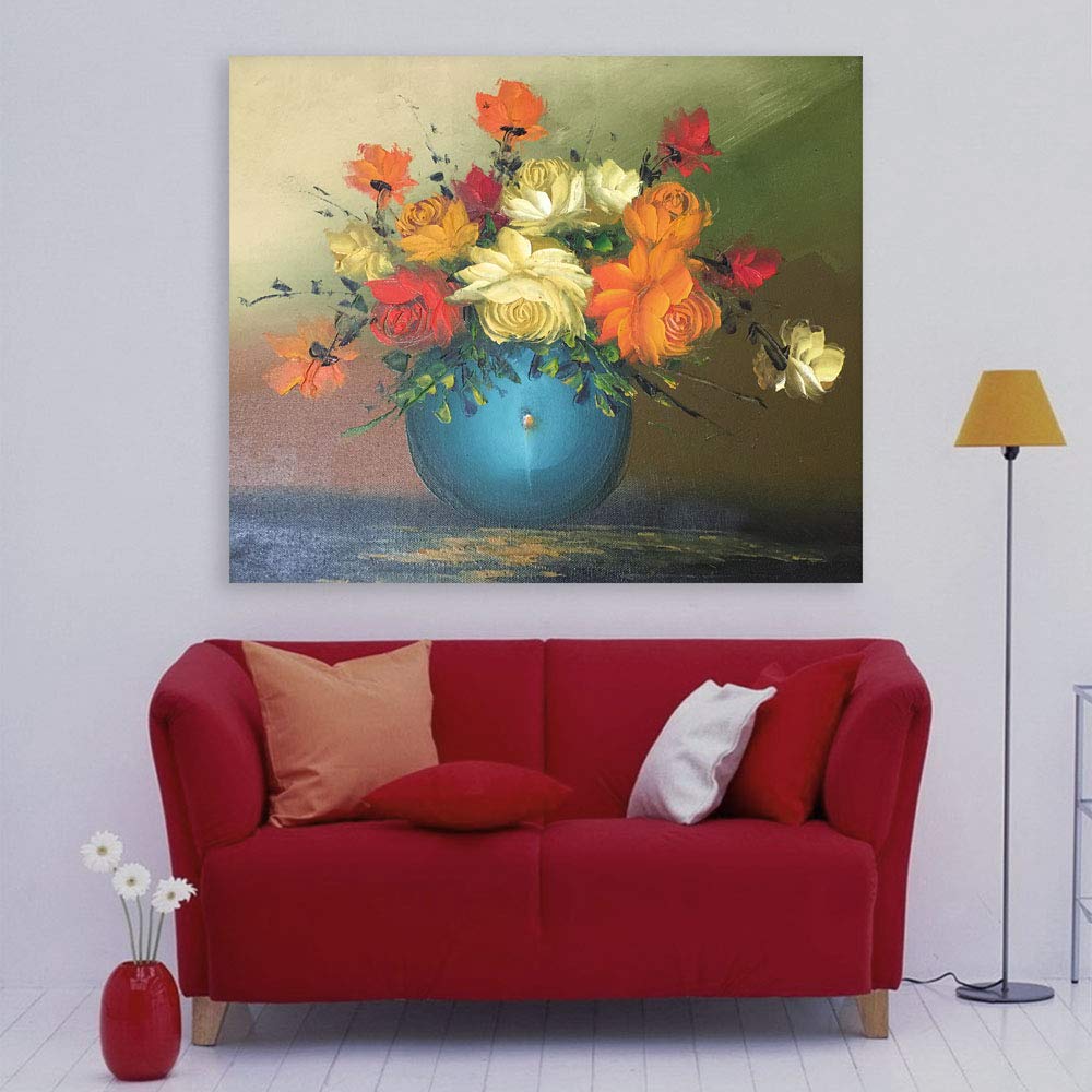 Bloom-tastic Bouquet Unframed Canvas Wall Art displaying vibrant flowers in a vase on pure cotton canvas