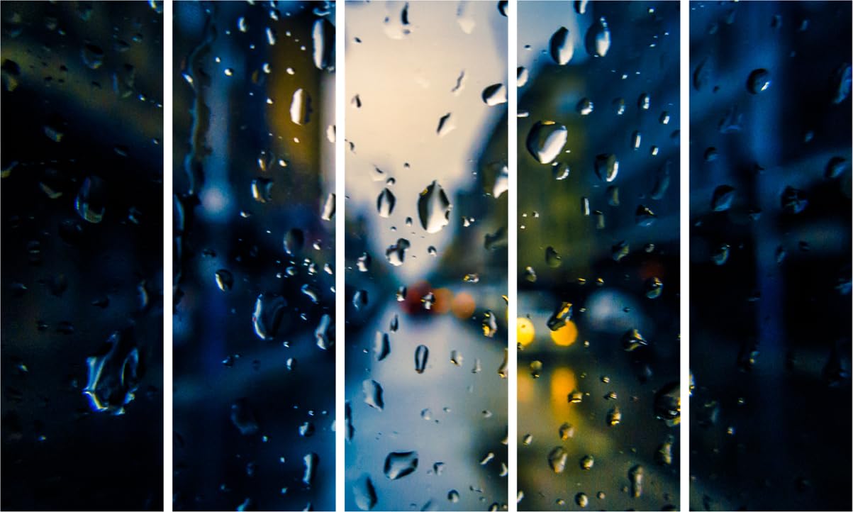 Droplet-Dazzle Photography Framed Wall Art: showing five panels of water drops in a modern living room