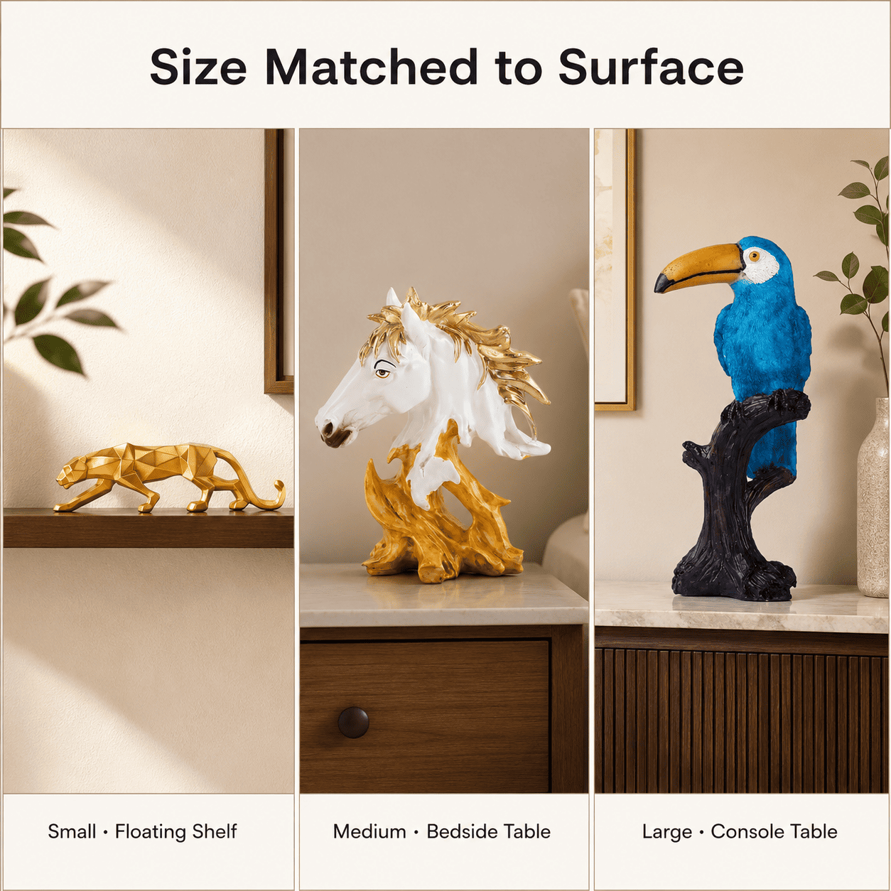 comparison grid of small medium and large modern home decor pieces on matching surfaces