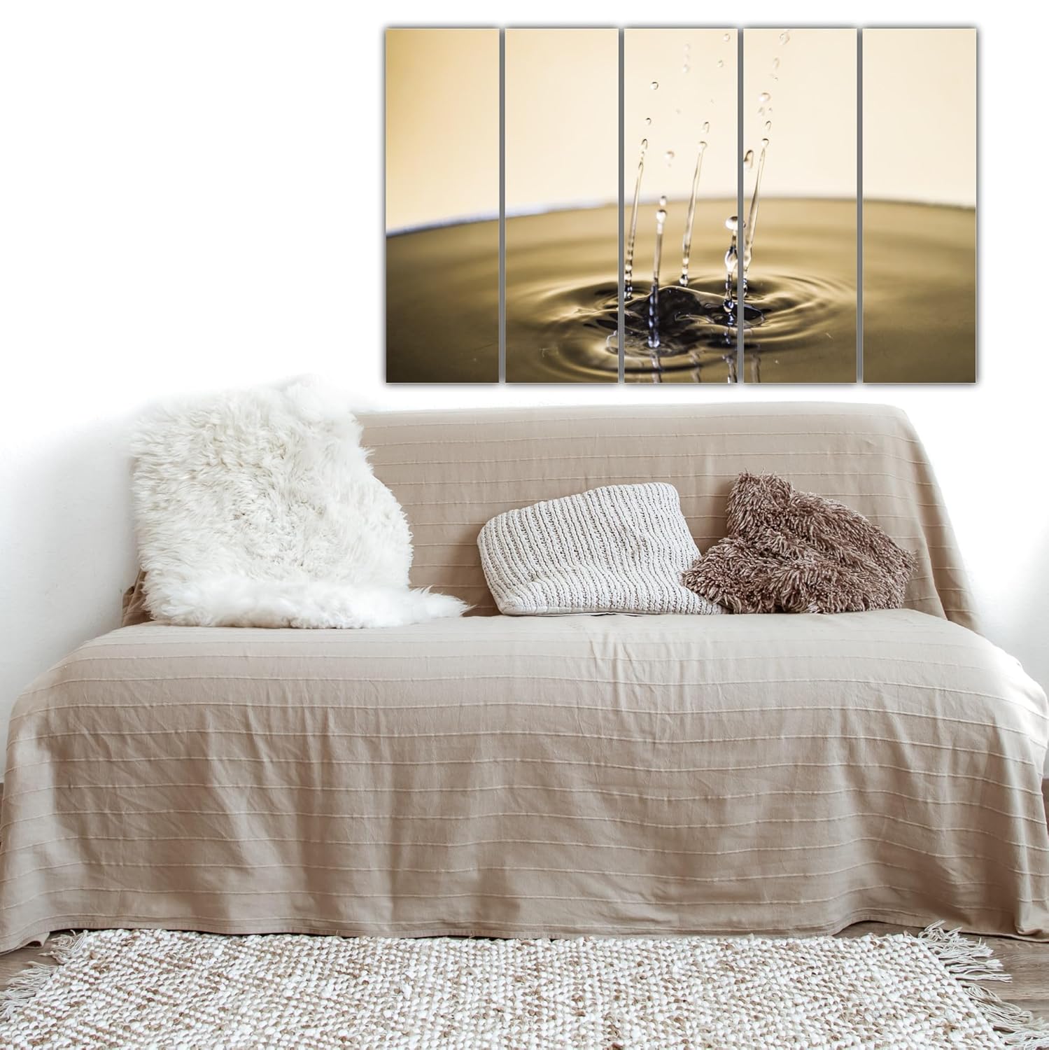 Living room adorned with Make a Splash with Drip Drop Photography Framed Wall Art above a modern sofa