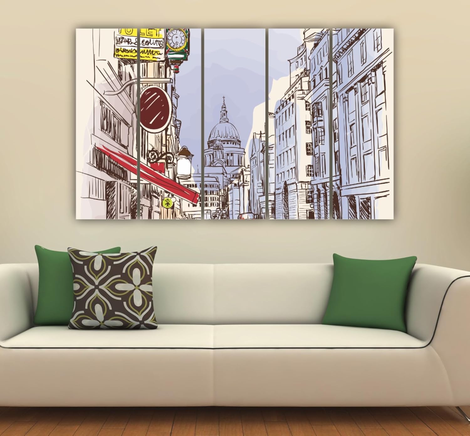 Close-up of the vibrant skyline panels in London Calling: Framed Wall Art