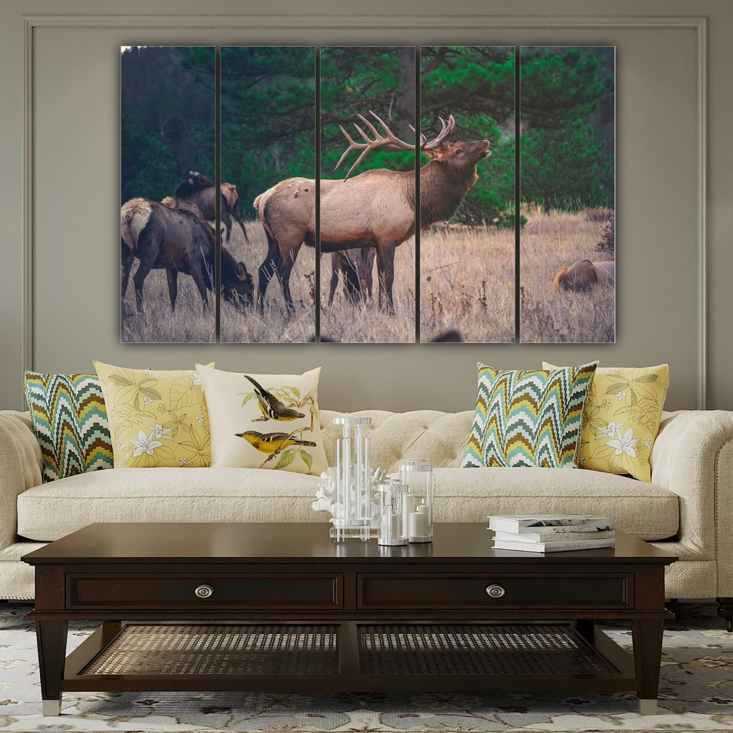 Close-up of the framed panels of Deer-lightful Swamp Deer Multi-Frame Wall Art showing vivid deer imagery