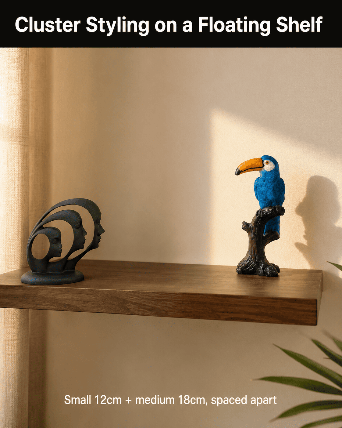 small decorative pieces clustered on a floating shelf