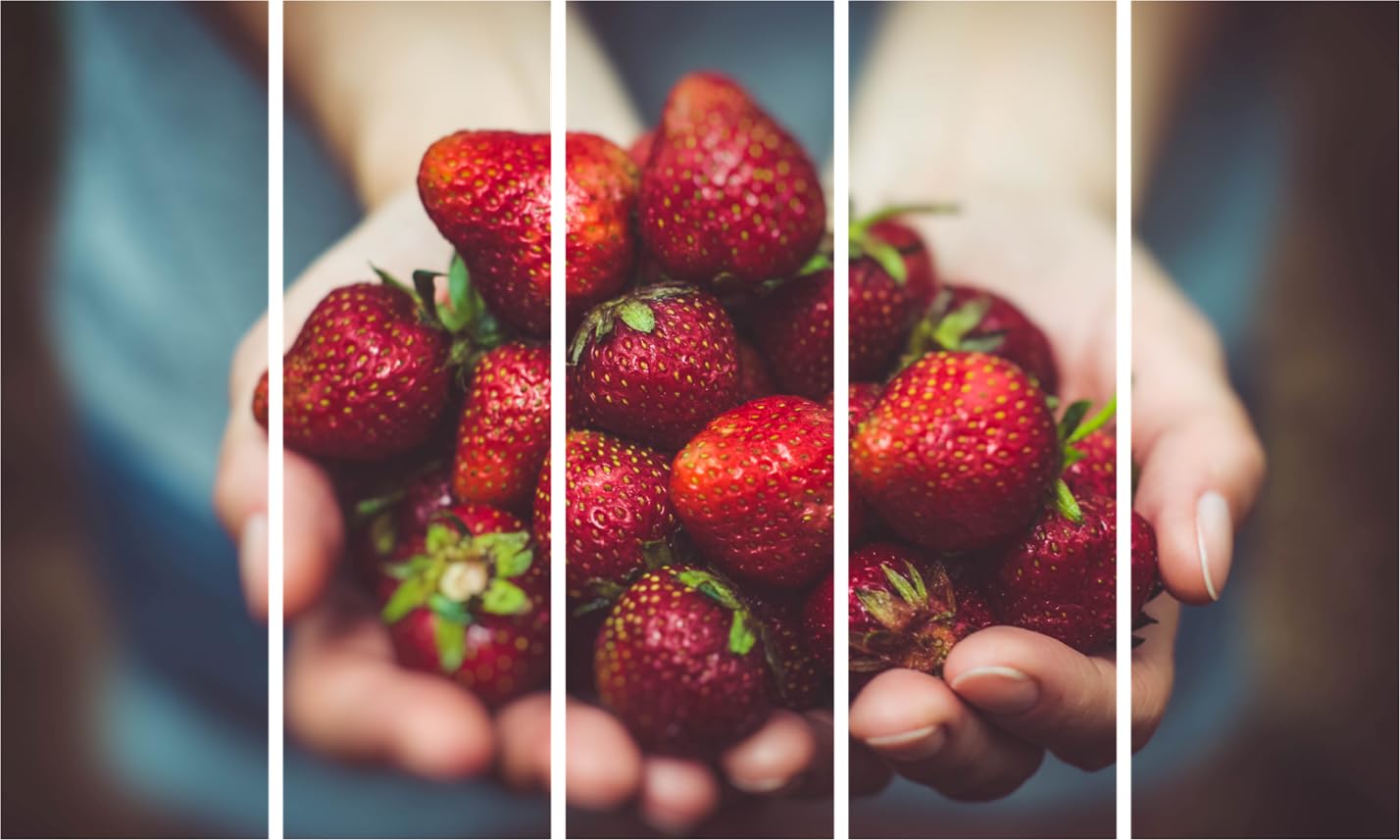 Image of Go Berry or Go Home: Striking Multi-Frame Strawberry Photography Framed Wall Art showcasing vibrant strawberry prints in a modern living room setting.