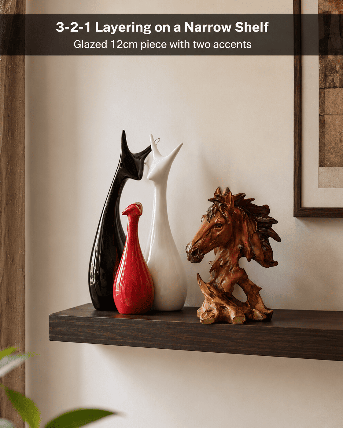 small decorative piece clustered on a floating shelf in a budget living room