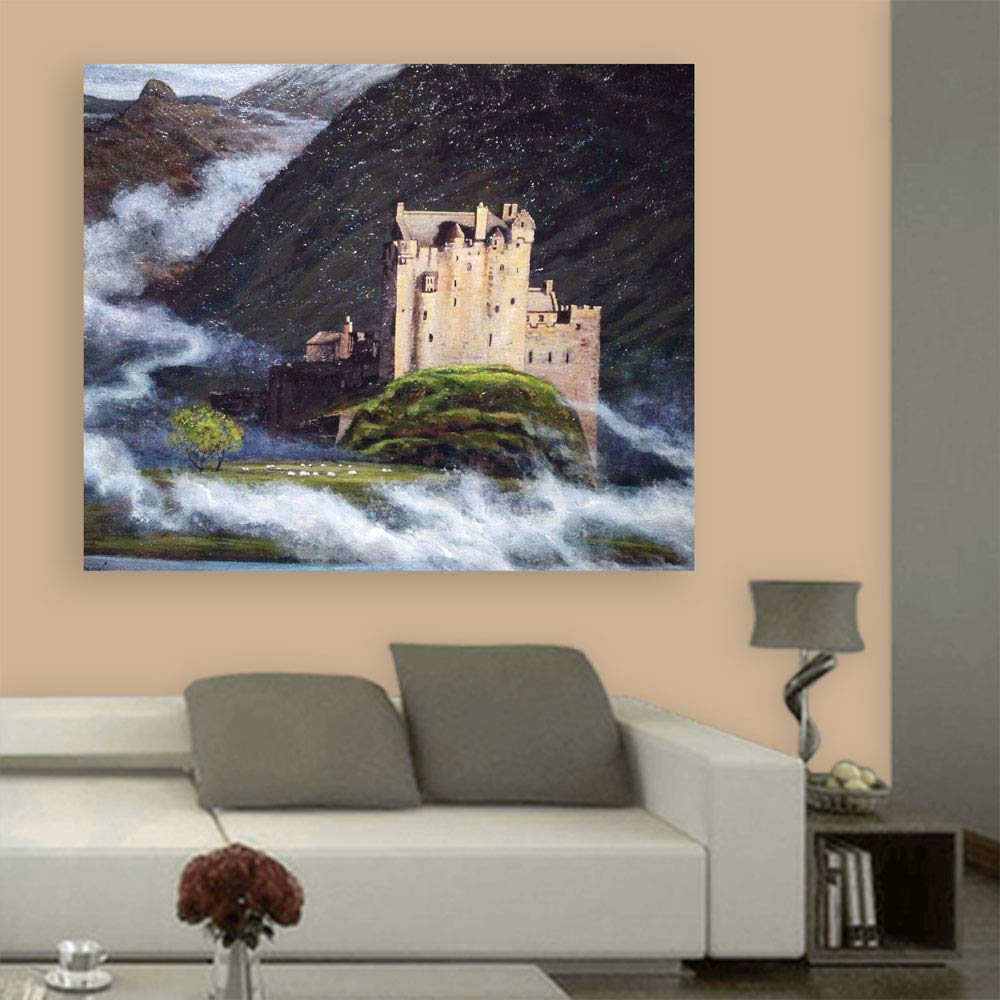 Fortress Frolics: Countryside Canvas Unframed Wall Art shows a stone fortress in lush green fields.