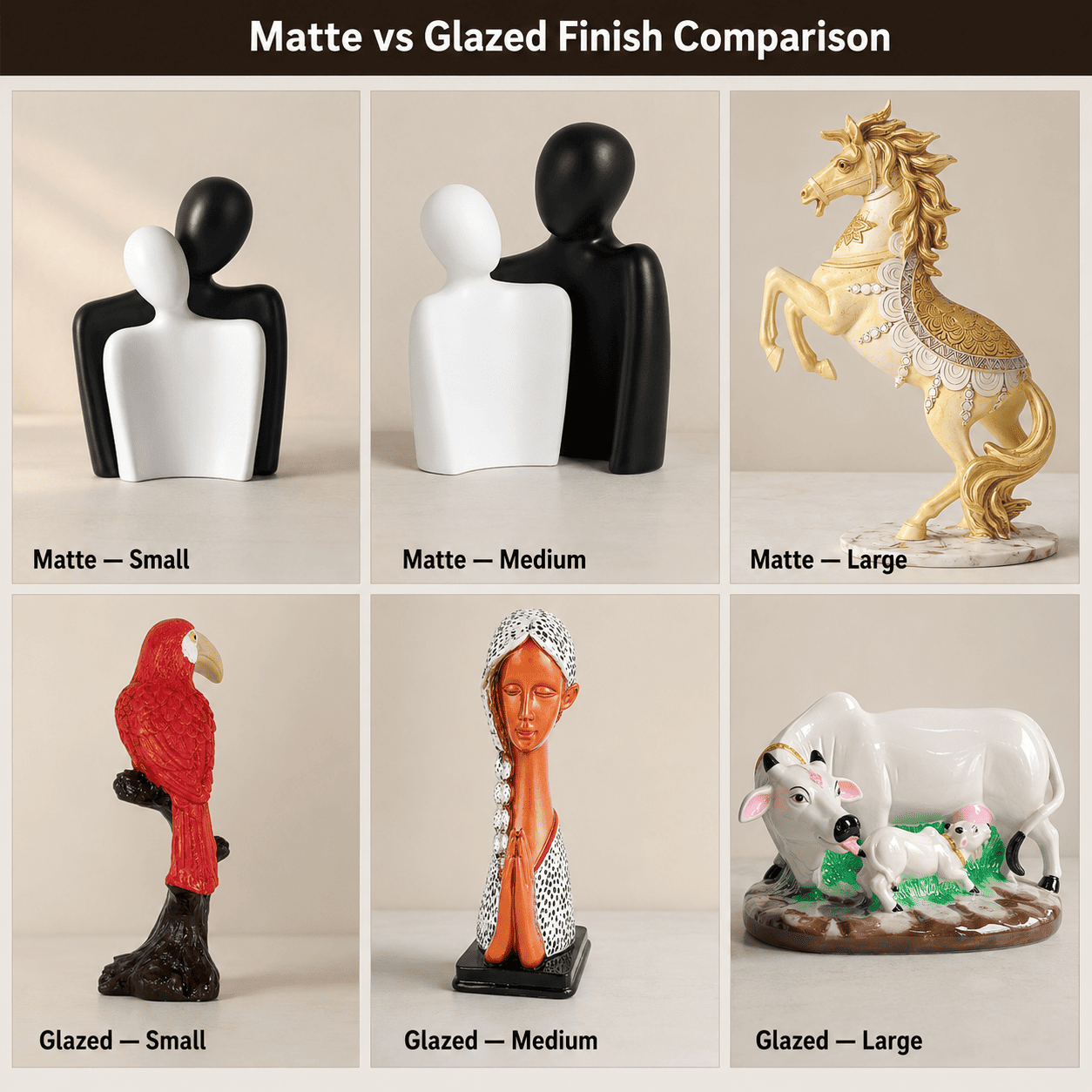grid comparing matte and glazed decor finishes across small medium and large sizes