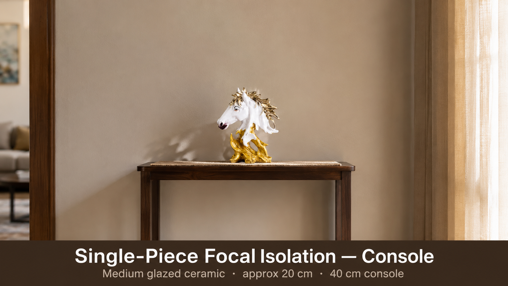 a medium glazed ceramic showpiece on a narrow console against a greige wall