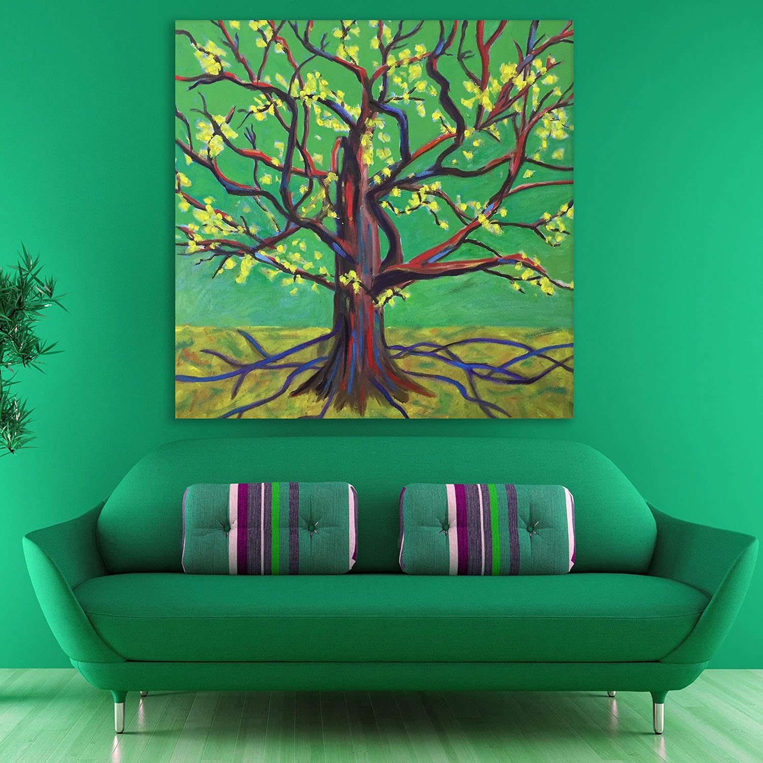 Bloom & Shine: Yellow Flower Tree Unframed Wall Art featuring vibrant yellow blossoms on a leafy green tree canvas.