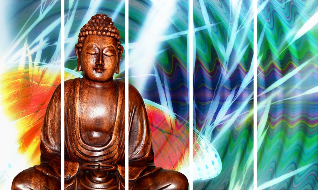 Close-up of Buddha-ful Multi-Frame Framed Wall Art That'll Zen Your Space showcasing serene Buddha features on five wooden MDF panels.