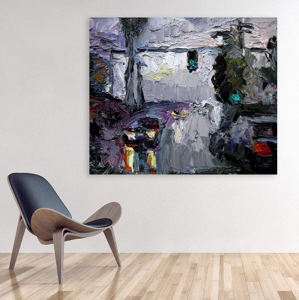 Cityscape-tacular Unframed Abstract Watercolor Wall Art displayed above a sleek modern sofa