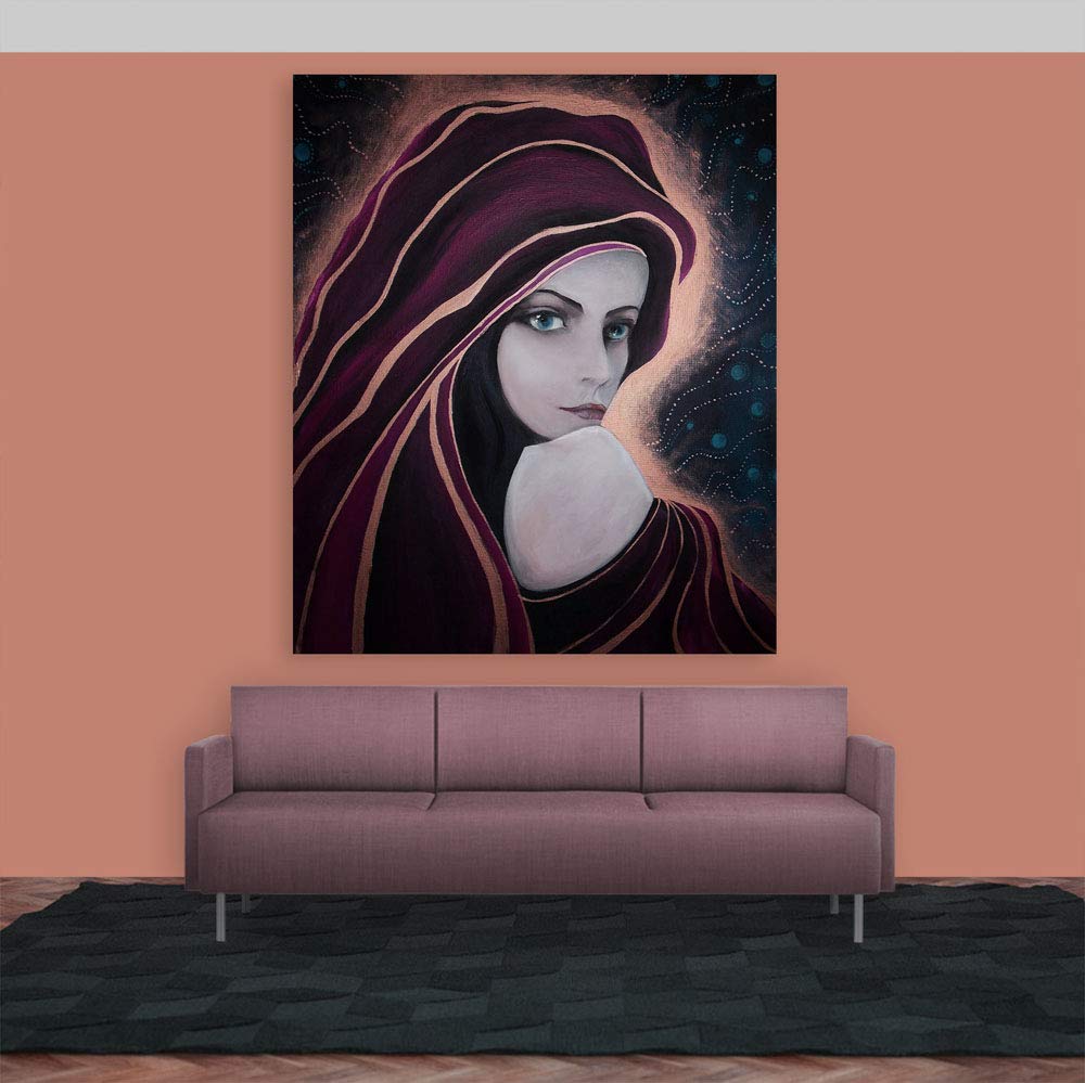 Blue-Eyed Beauty Unframed Wall Art featuring a striking female portrait in earthy tones on a living room wall