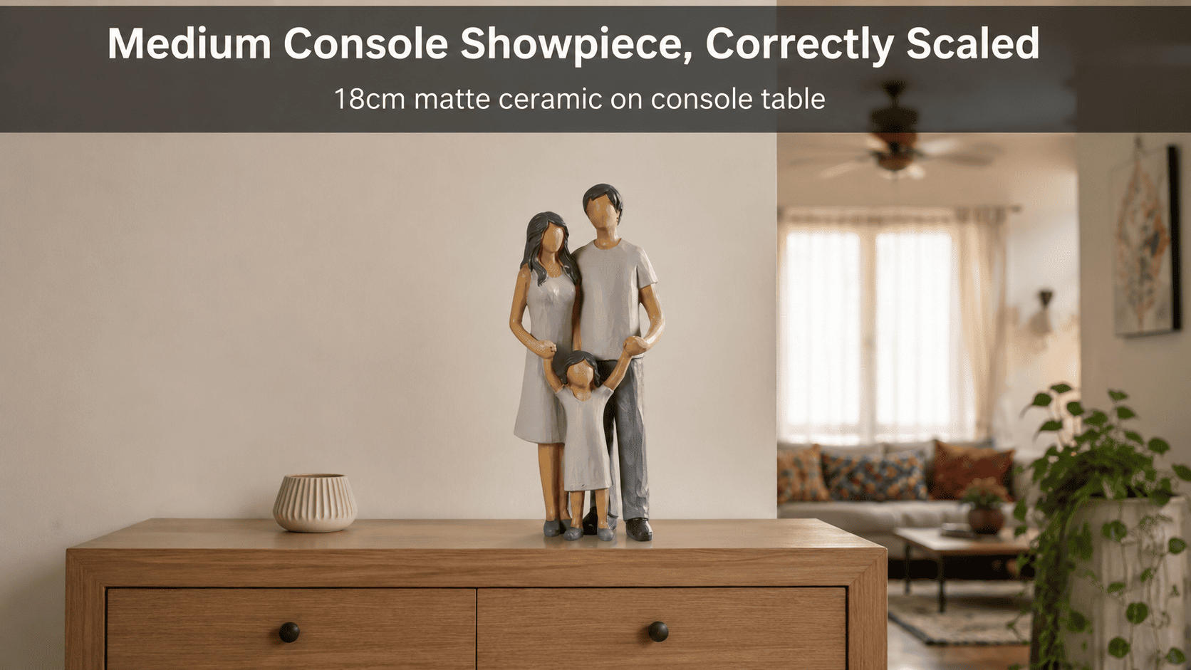 modern home decor showpiece styled on a console table in a small living room