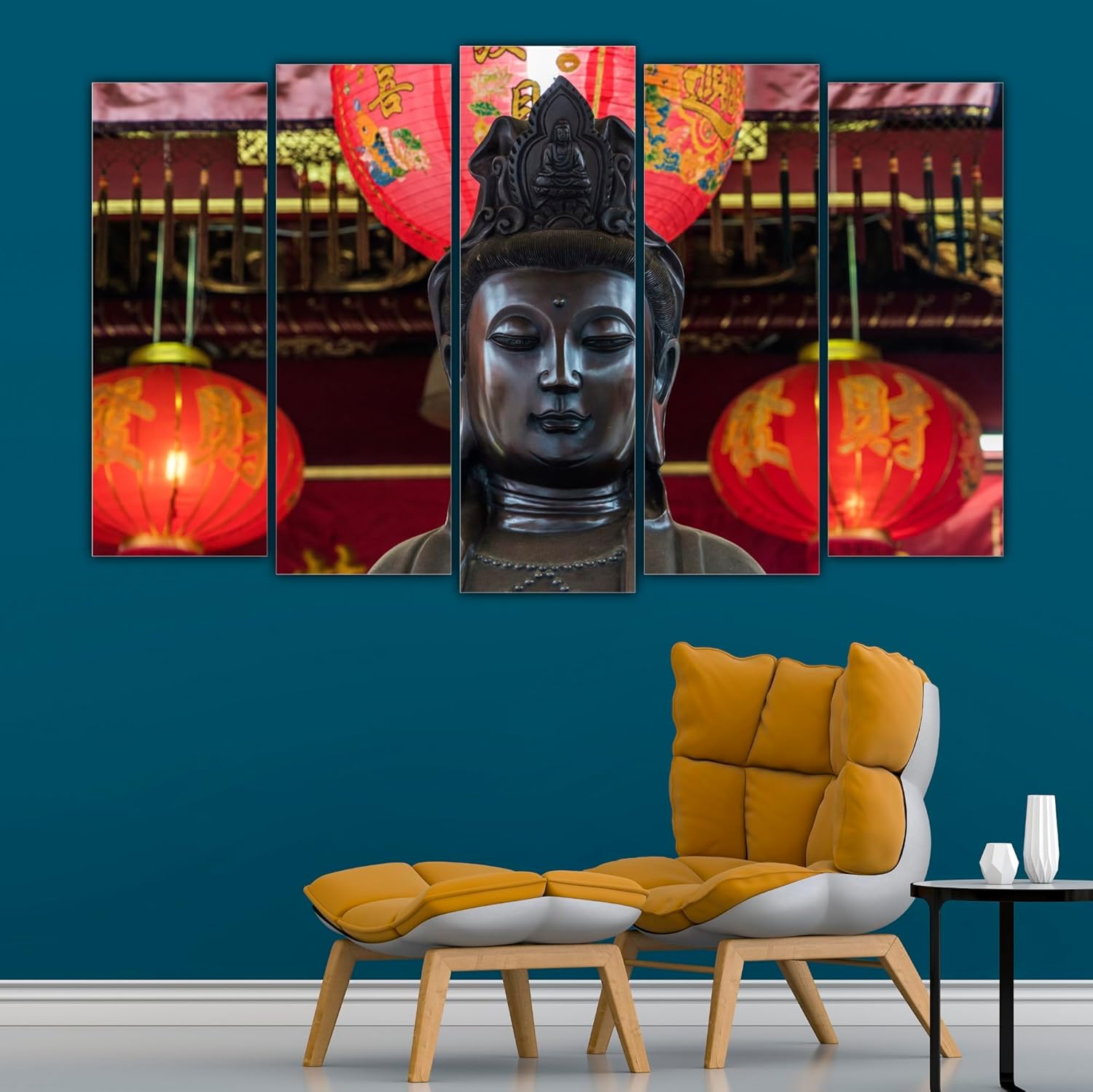 Serene display of the 5-panel framed Buddha Wall Art arranged on a living room wall