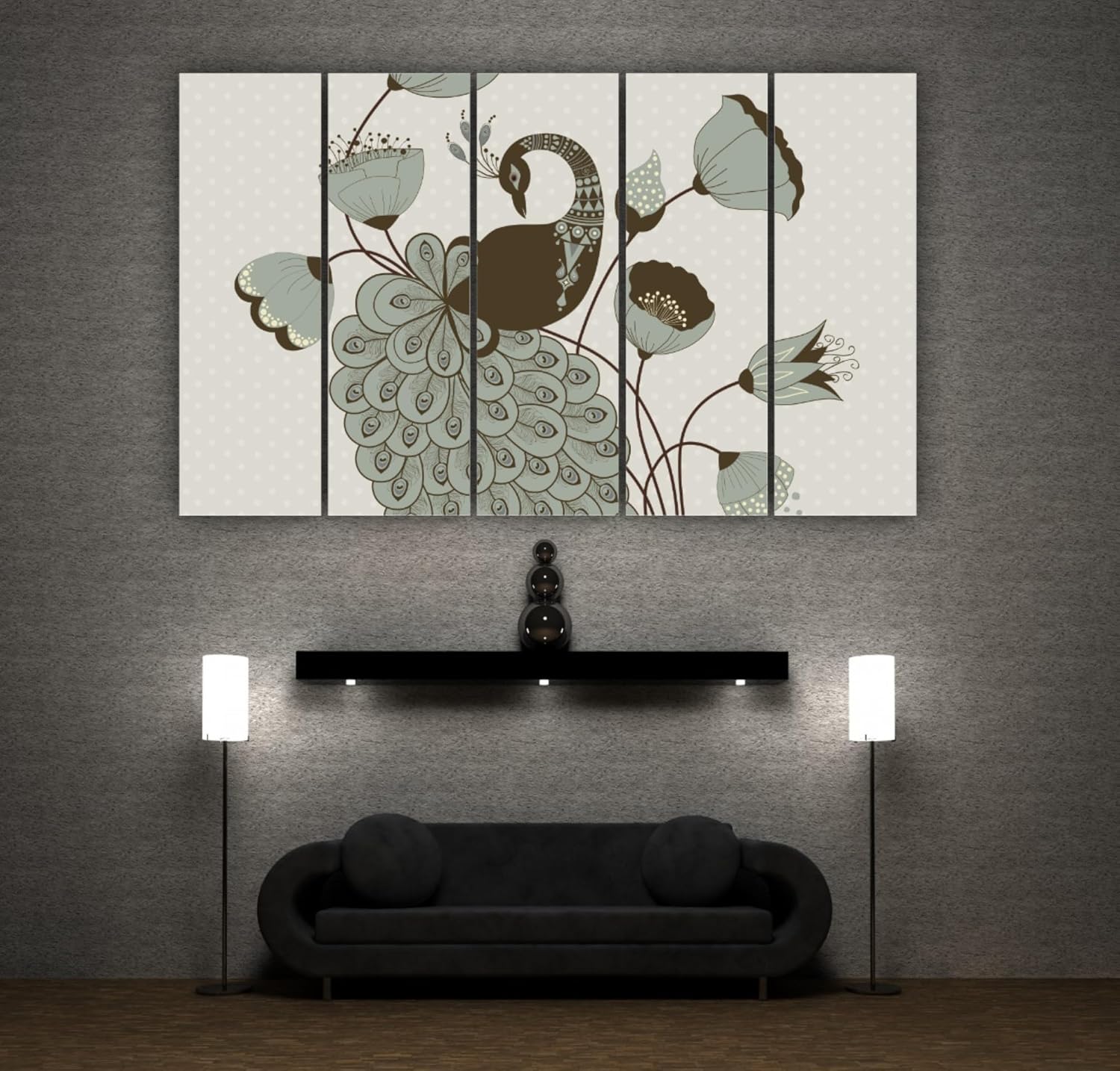 Close-up of the vivid multicolor panels in the Peacock Vastu Framed Wall Art