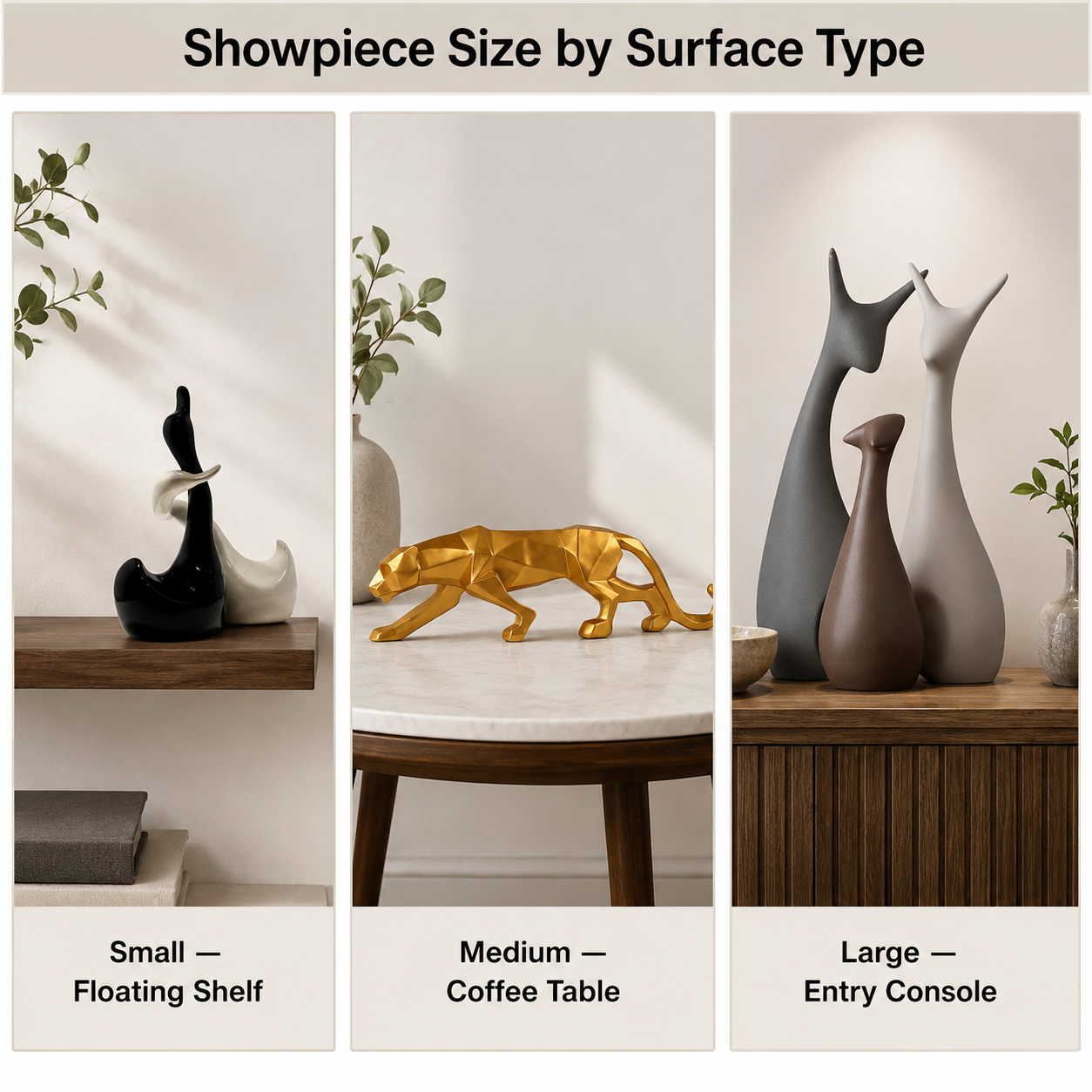 grid comparing showpiece sizing across three room footprints