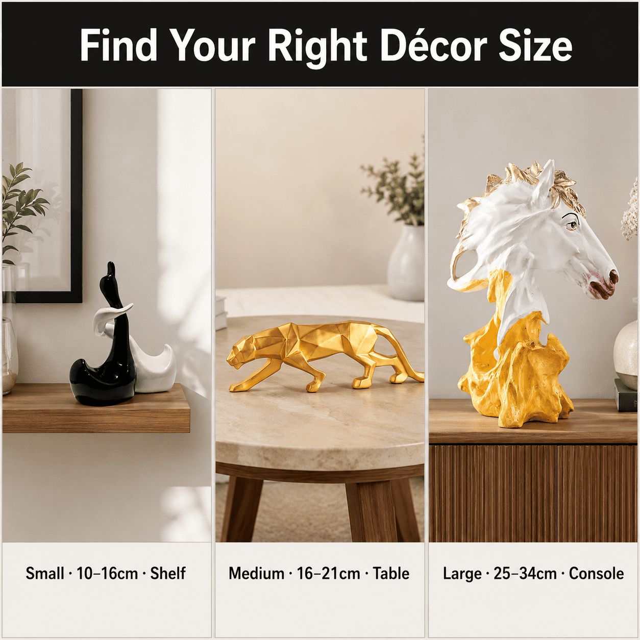 size comparison grid of small medium and large home decor pieces