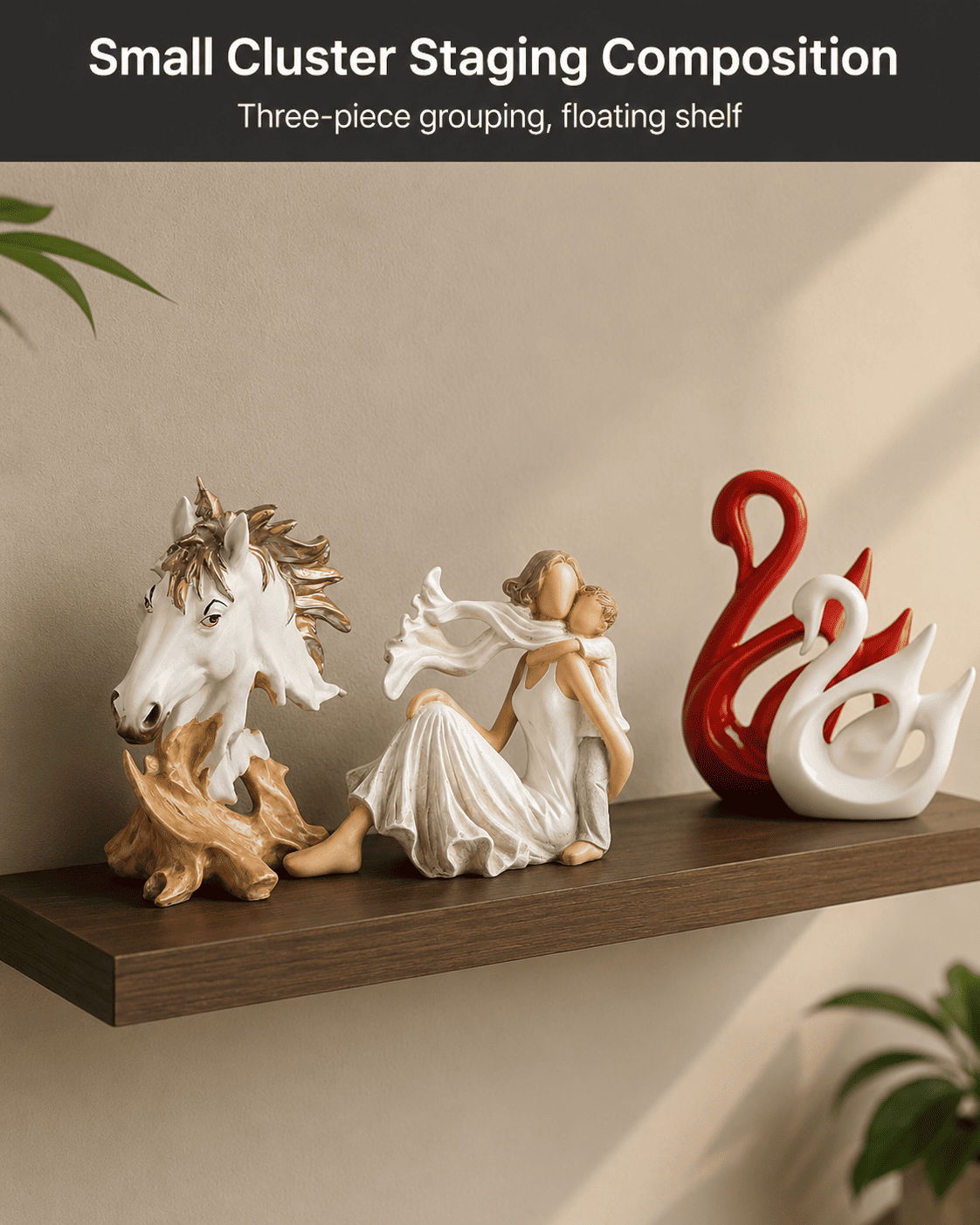 small decor pieces clustered on floating shelf