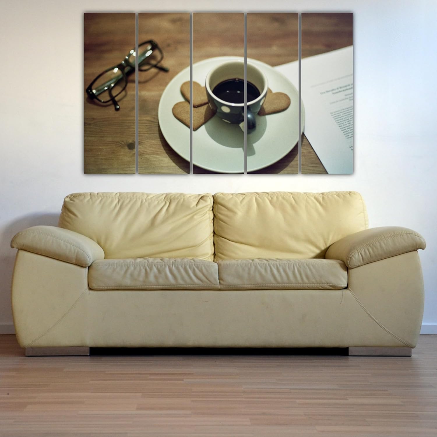Close-up of framed tea cup photography Wall Art with five panels on a neutral wall.