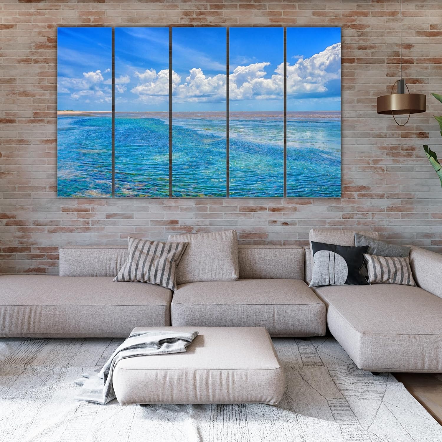 Close-up of Sunny Seas Photography: Vibrant 5-panel framed Wall Art with ocean waves detail.