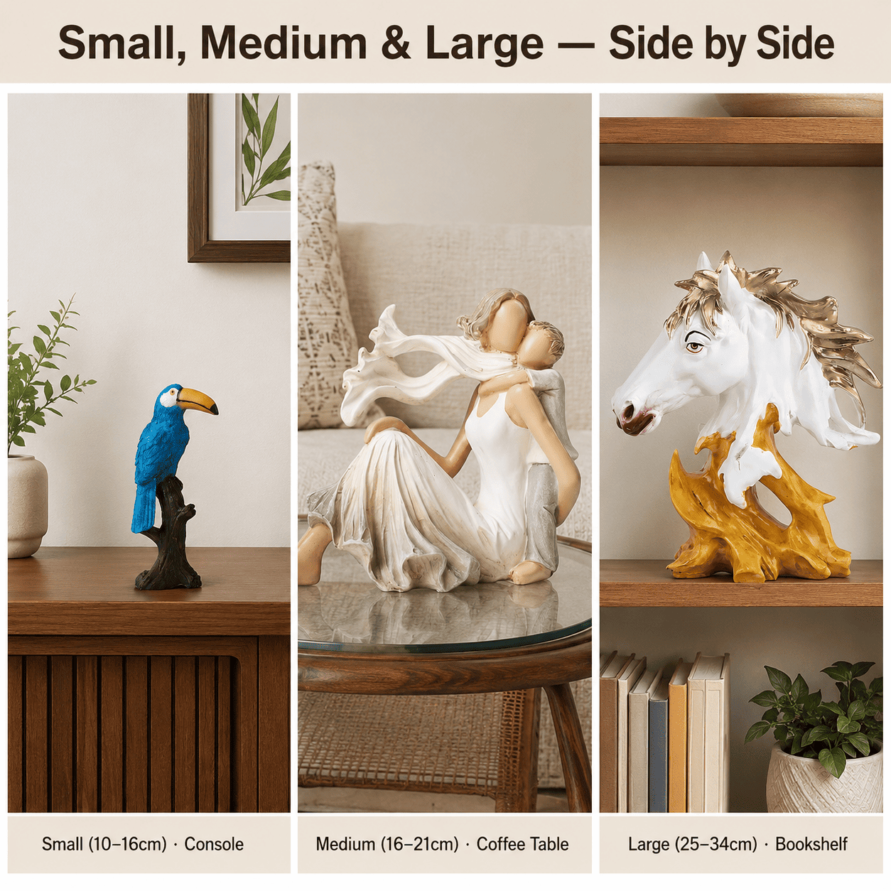 Comparison grid of small, medium, and large décor pieces against living room furniture