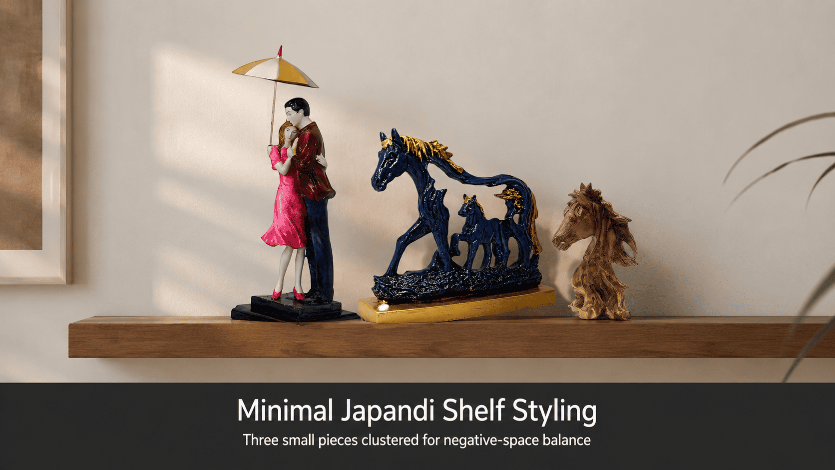 small decorative objects clustered on floating shelf
