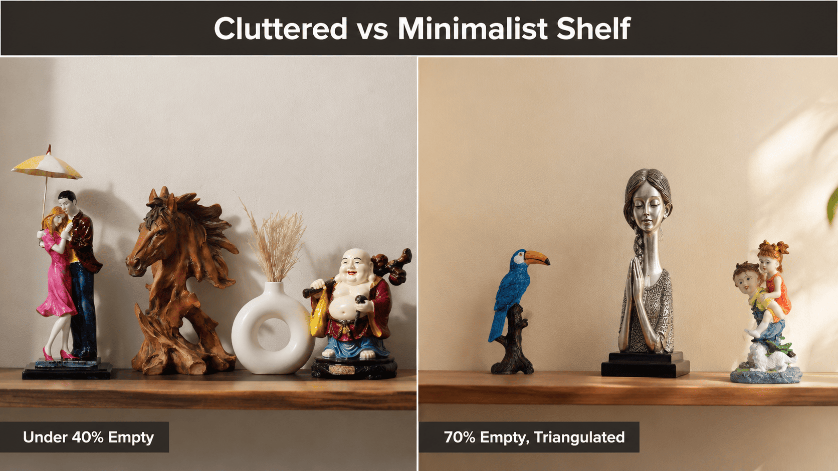 Side-by-side comparison of a cluttered shelf versus a minimalist styled shelf