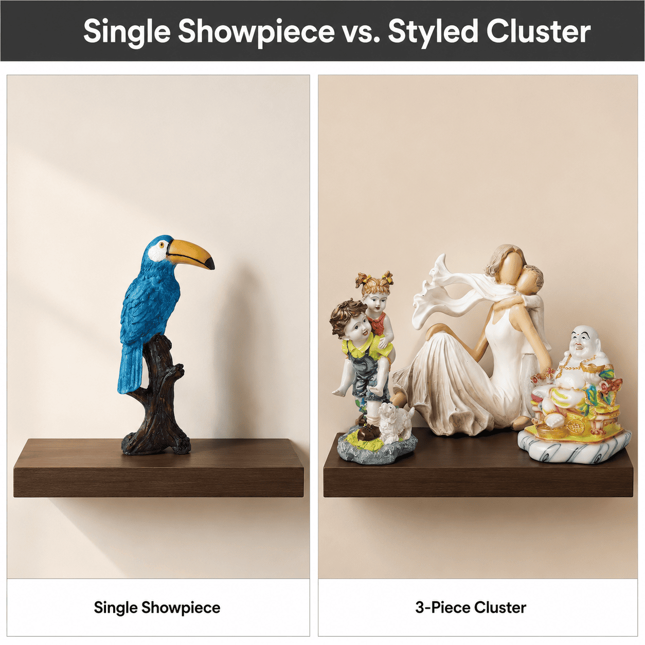 comparison of a single showpiece versus a styled cluster on identical shelving