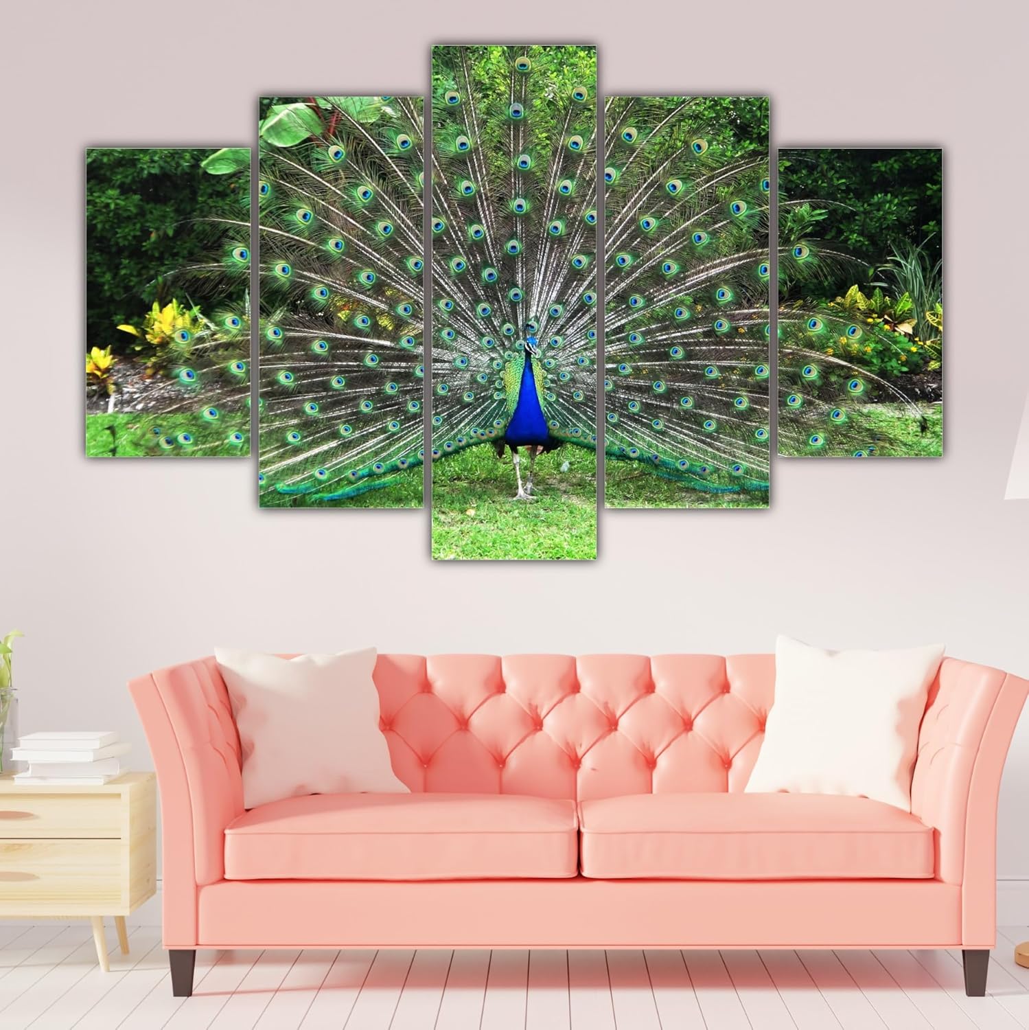 Close-up of vibrant peacock feathers on Peacock-tastic Framed Vinyl Wall Art