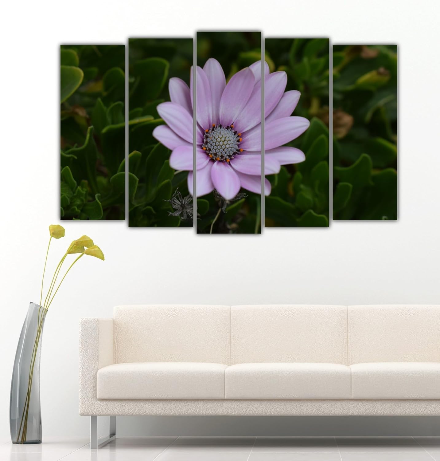 Vibrant floral photography wall art in five framed panels for living room
