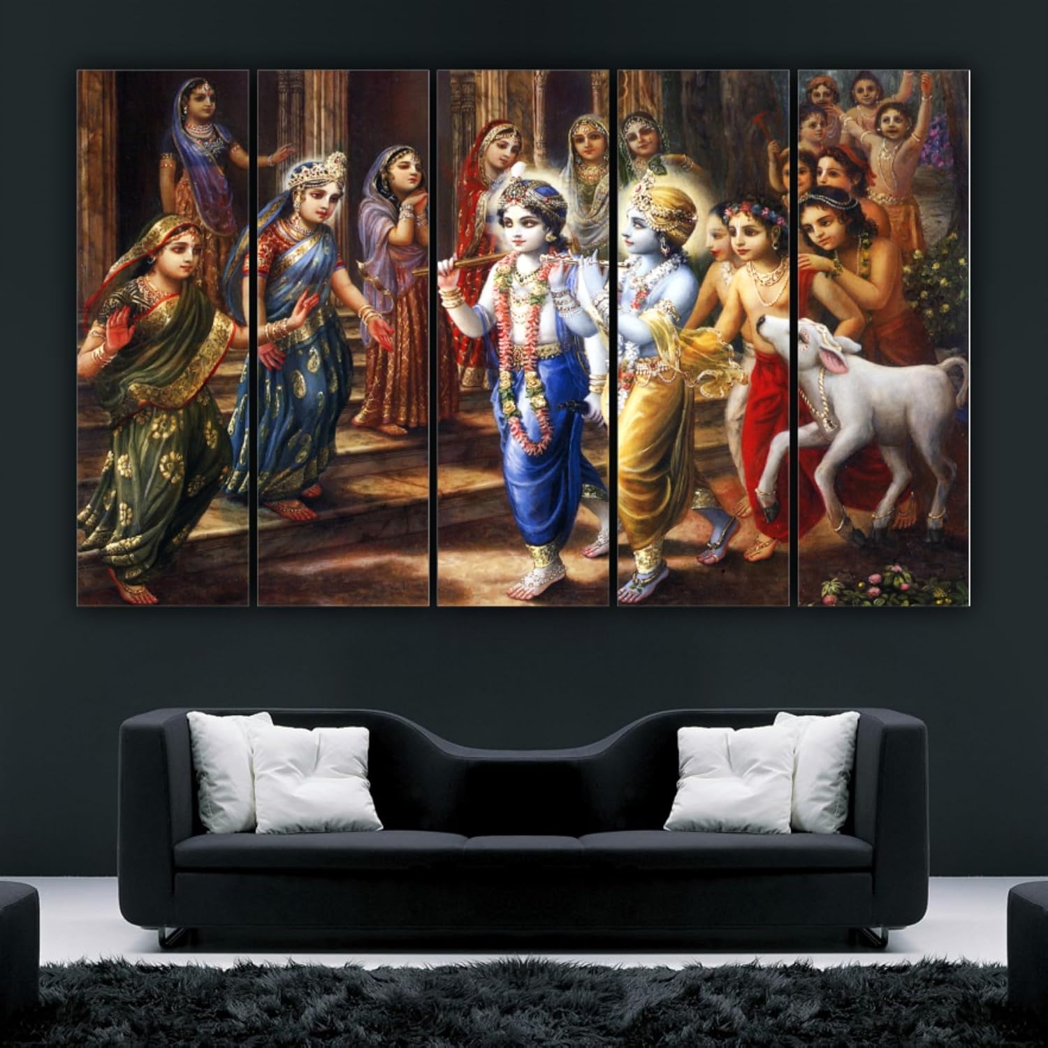 Close-up of vibrant Krishna multi-panel Framed Wall Art with splash-resistant finish.