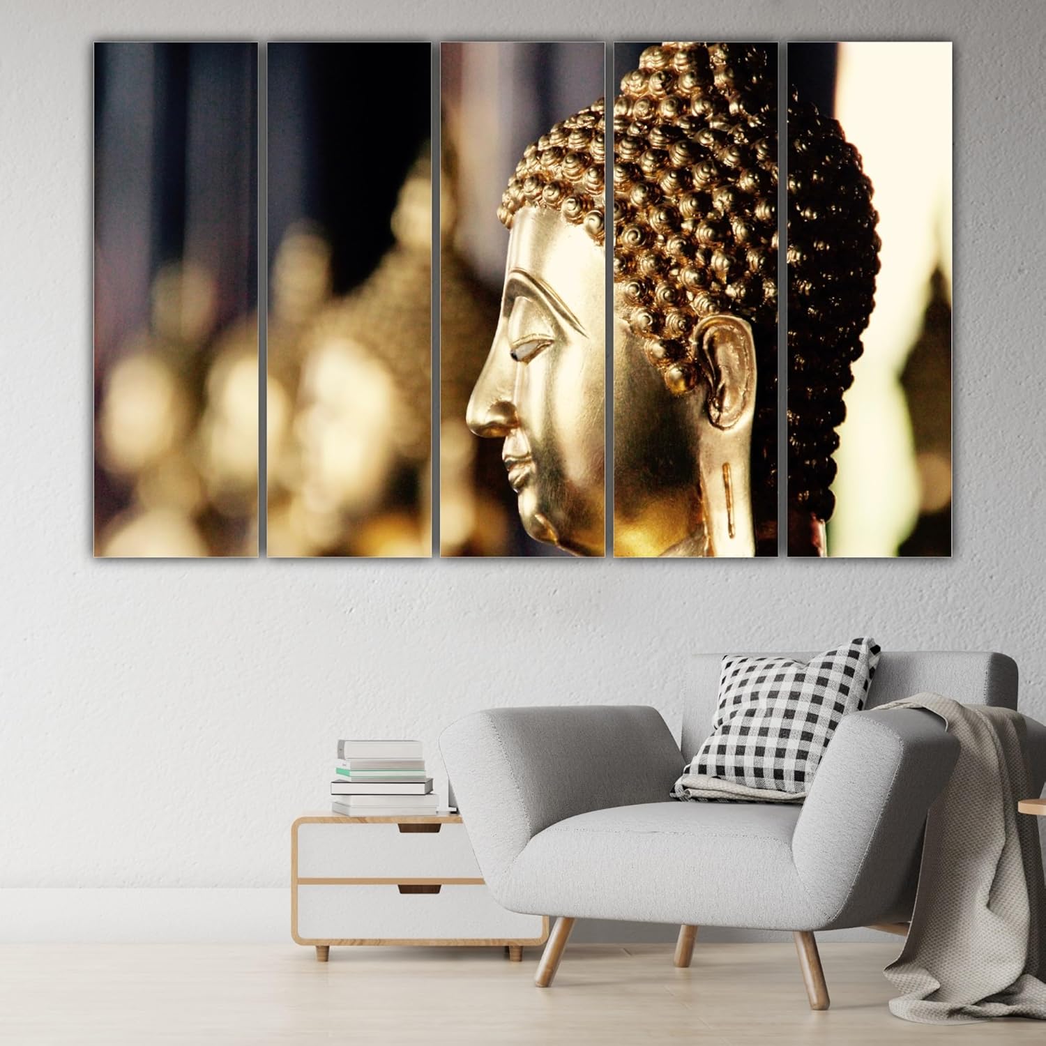 Close-up of the calm Buddha face on one panel of the framed Wall Art