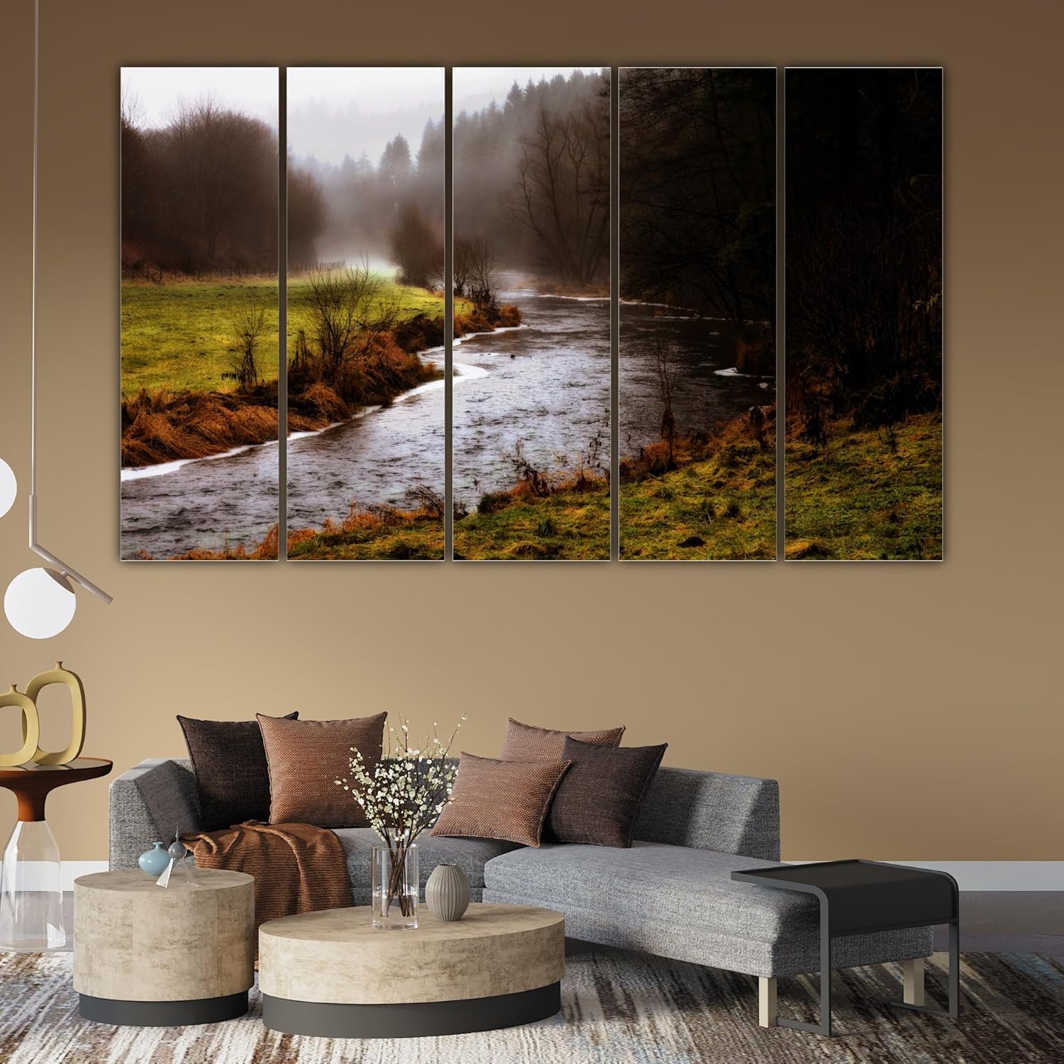 Room view featuring 'Frame It and Forget It' multi-frame nature photography wall art above a modern sofa