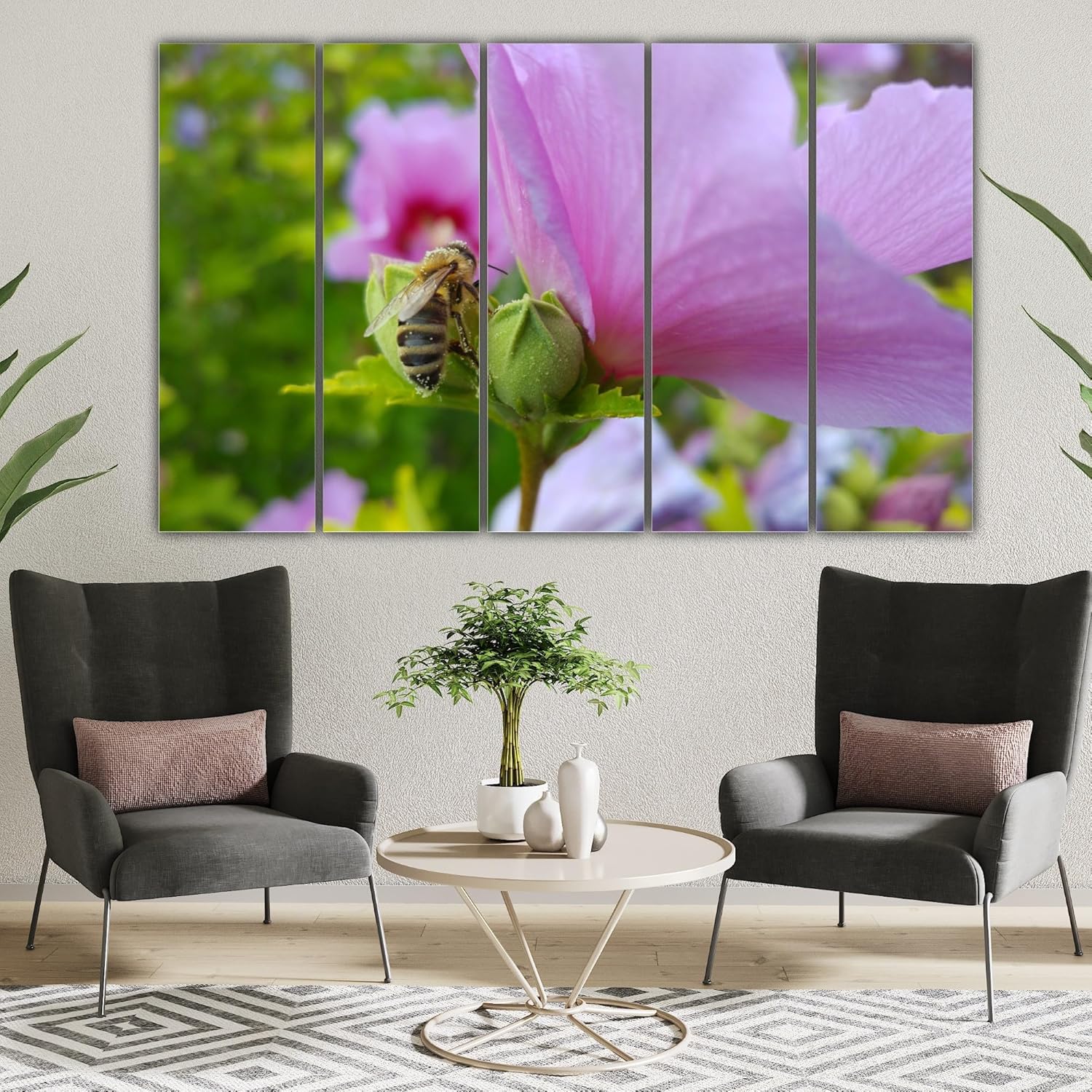 Close-up of the 5-panel photography framed Wall Art featuring colorful floral designs